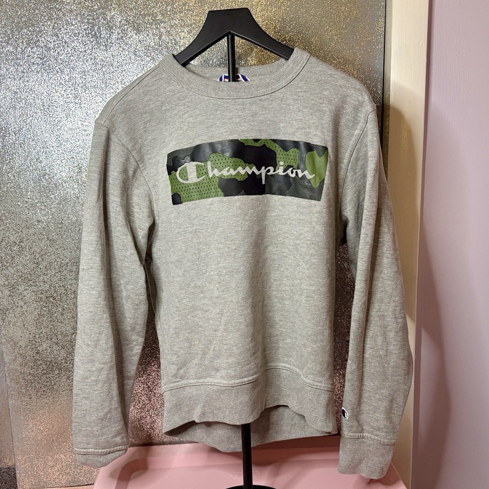 Champion Men's Small Sweatshirt Heather Gray Camo Logo Pullover Casual Active - Picture 2 of 11